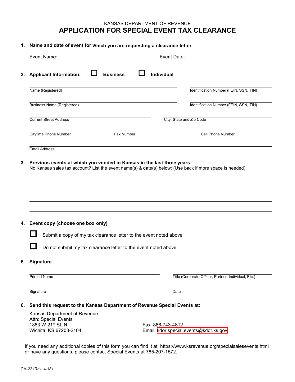 Form CM-22 Application for Special Event Tax Clearance - Kansas, Page 1