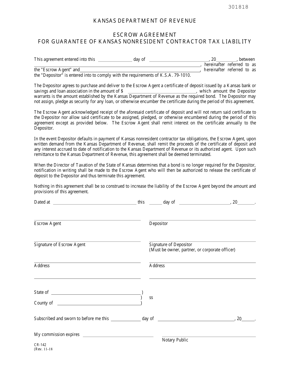 Form CR-142 Escrow Agreement for Guarantee of Kansas Nonresident Contractor Tax Liability - Kansas, Page 1