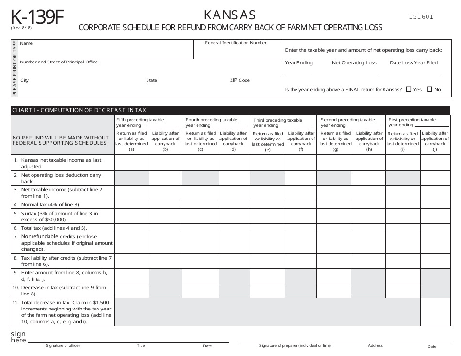 Schedule K-139F Kansas Corporate Schedule for Refund From Carry Back of Farm Net Operating Loss - Kansas, Page 1