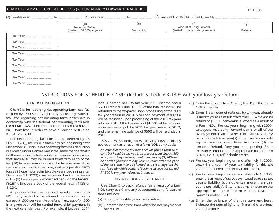 Schedule K-139F Kansas Corporate Schedule for Refund From Carry Back of Farm Net Operating Loss - Kansas, Page 2