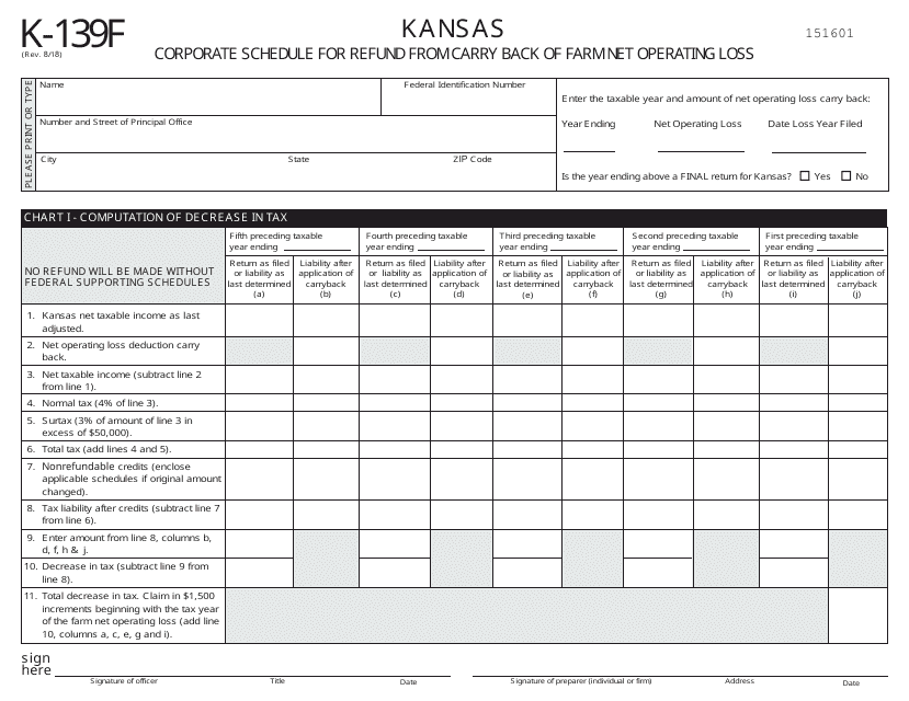 Schedule K-139F Kansas Corporate Schedule for Refund From Carry Back of Farm Net Operating Loss - Kansas