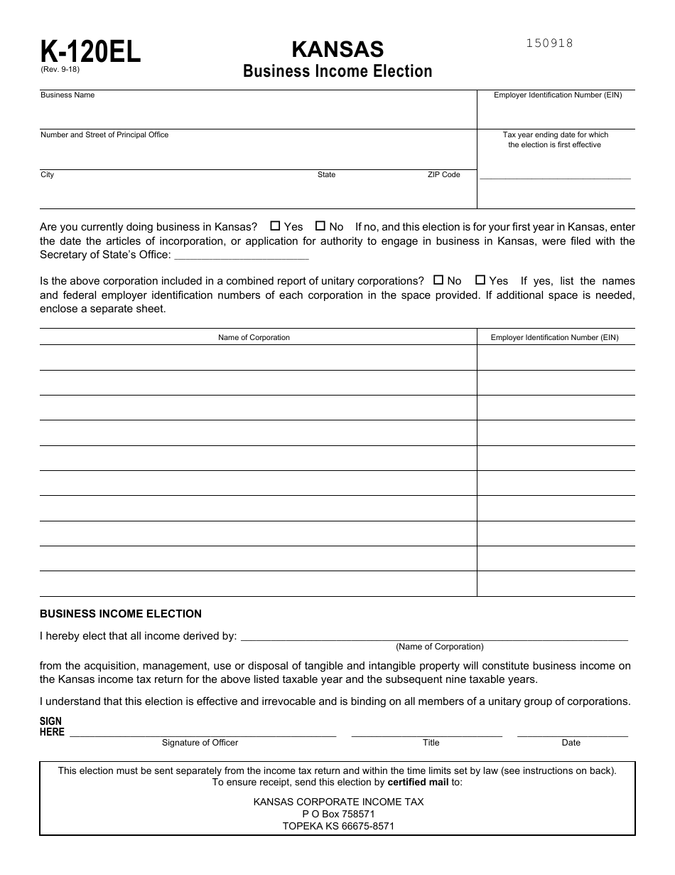 Form K-120EL Kansas Business Income Election - Kansas, Page 1