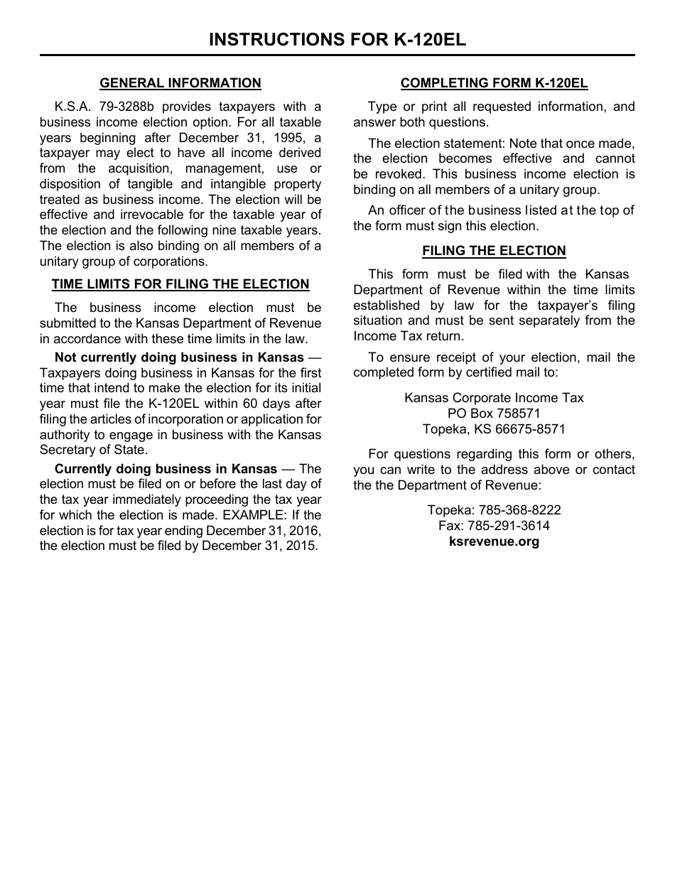 Form K-120EL Kansas Business Income Election - Kansas, Page 2