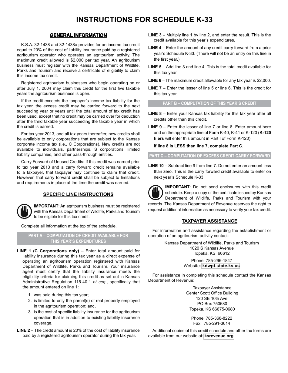 Schedule K-33 Agritourism Liability Insurance Credit - Kansas, Page 2