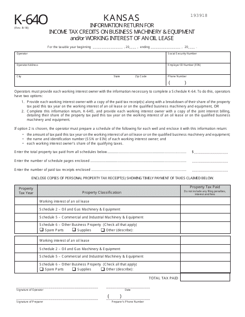 Form K-64O Information Return for Income Tax Credits on Business Machinery & Equipment and/or Working Interest of an Oil Lease - Kansas