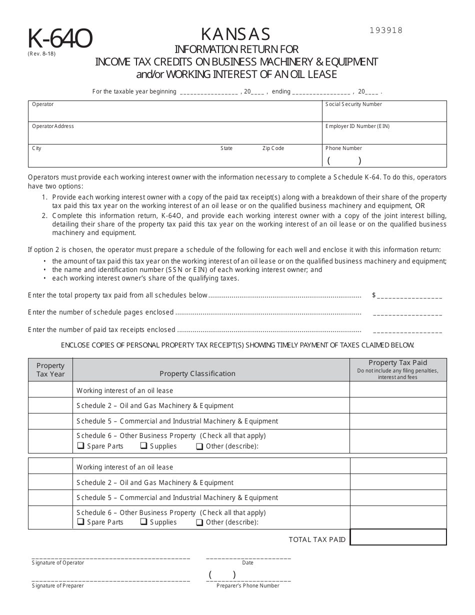 Form K-64O Information Return for Income Tax Credits on Business Machinery  Equipment and / or Working Interest of an Oil Lease - Kansas, Page 1