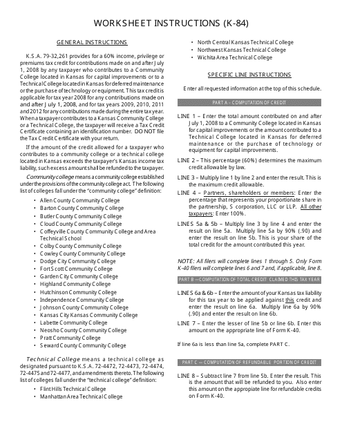 Instructions for Worksheet K-84 Technical and Community College Deferred Maintenance Credit - Kansas