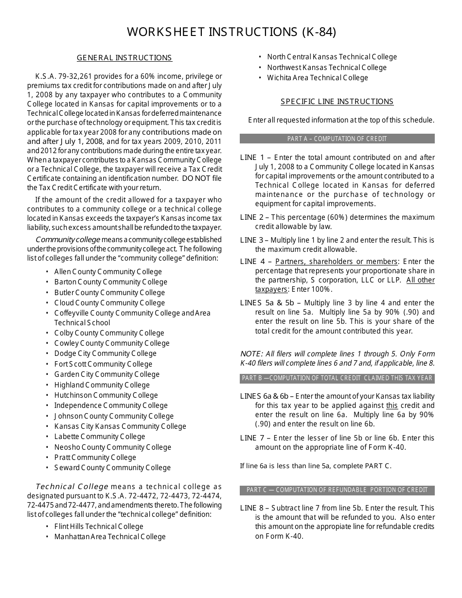 Instructions for Worksheet K-84 Technical and Community College Deferred Maintenance Credit - Kansas, Page 1