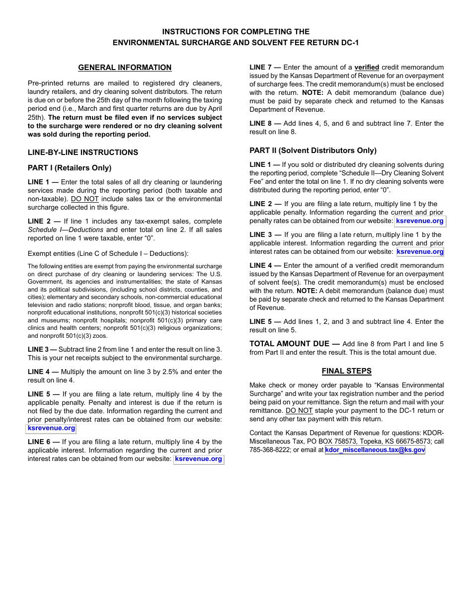 Form DC-1 Environmental Surcharge and Solvent Fee Return - Kansas, Page 2