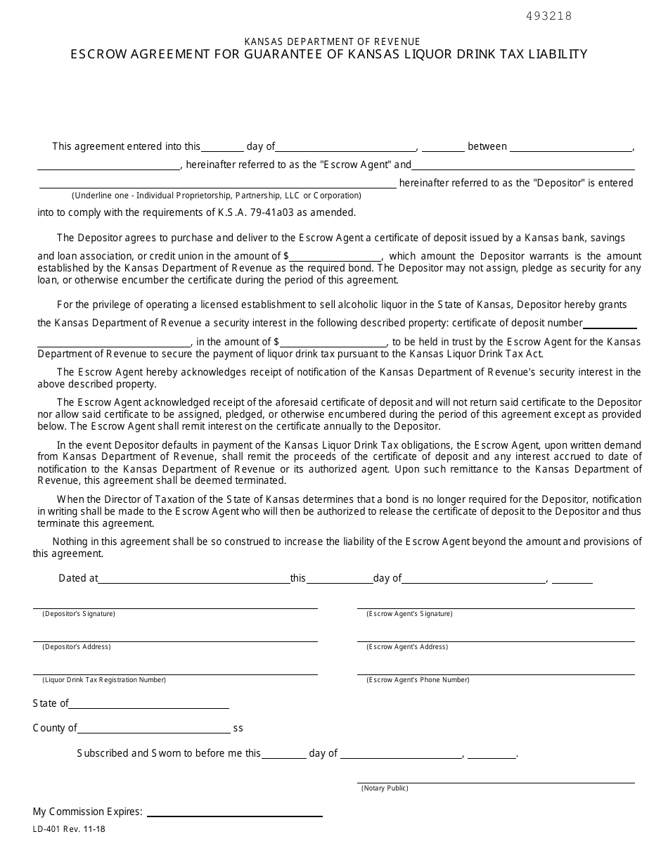 Form LD-401 Escrow Agreement for Guarantee of Kansas Liquor Drink Tax Liability - Kansas, Page 1