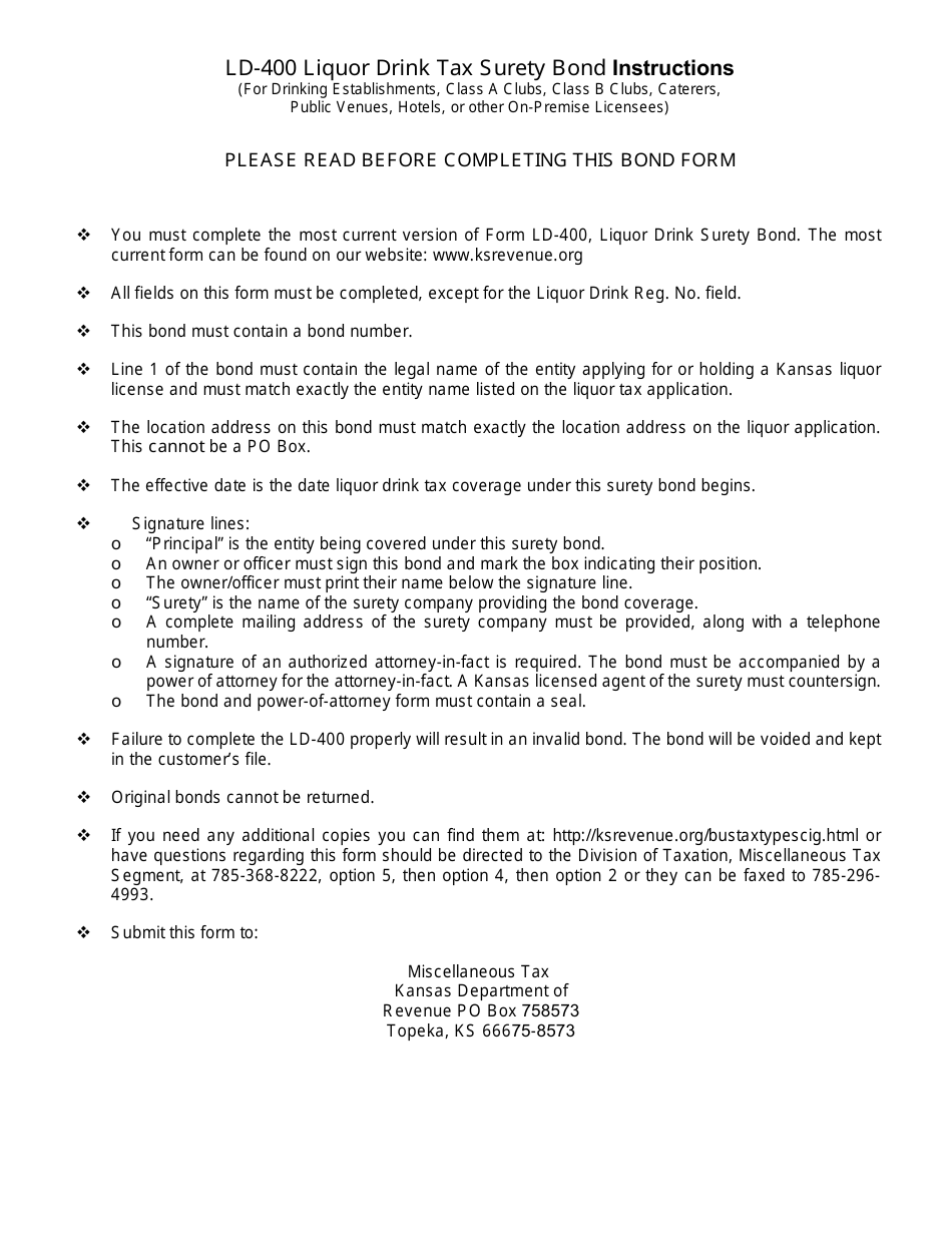 Form LD-400 Liquor Drink Tax Surety Bond - Kansas, Page 2