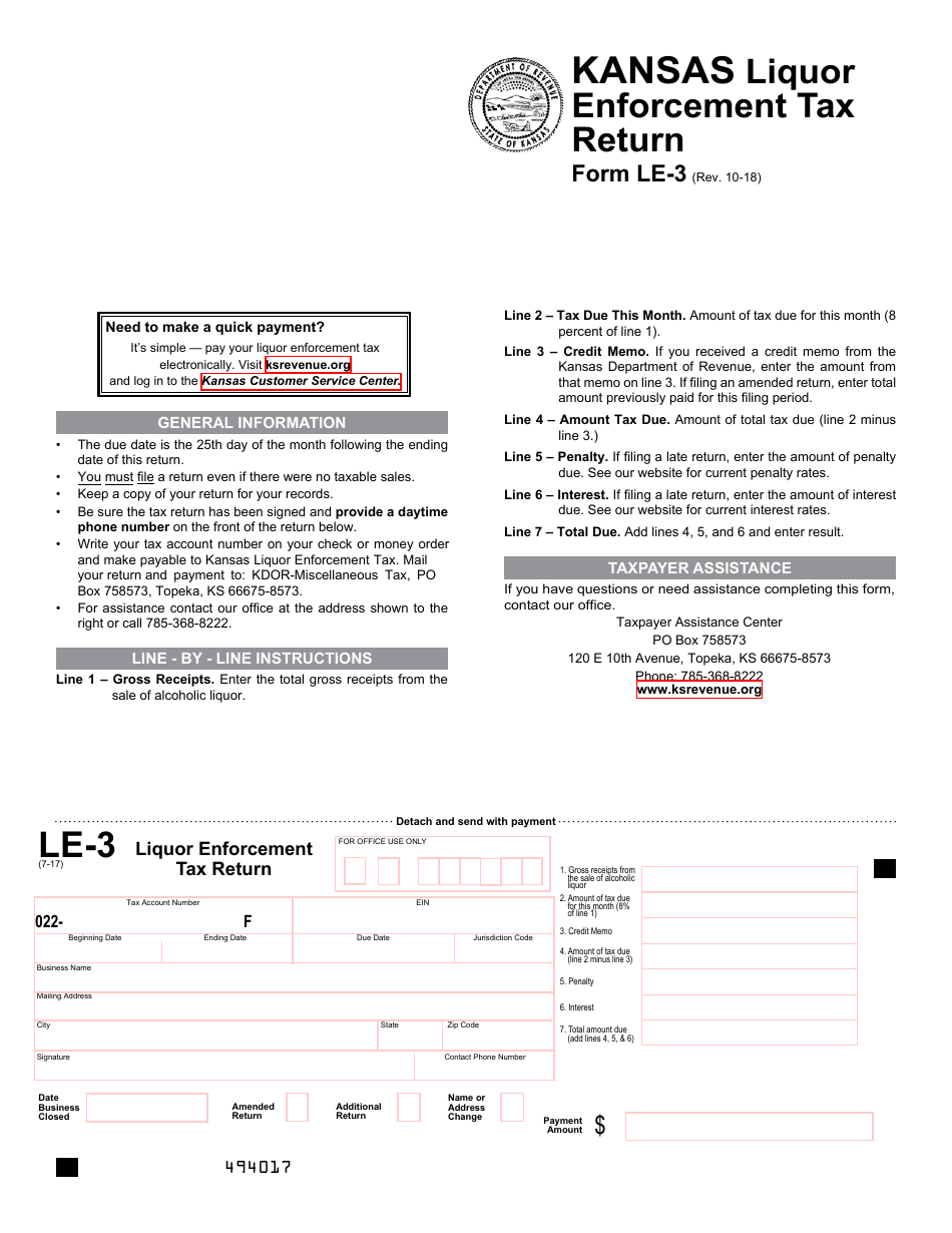 Form LE-3 Kansas Liquor Enforcement Tax Return - Kansas, Page 1