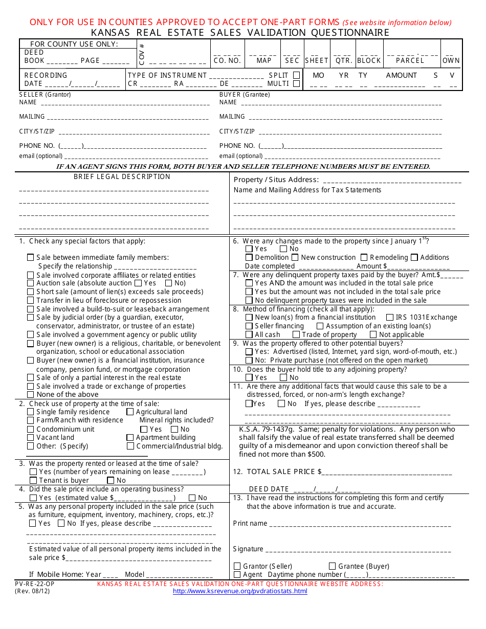Form PV-RE-22-OP Kansas Real Estate Sales Validation Questionnaire - Kansas, Page 1