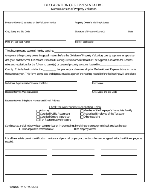 Form PV-AP-9 Declaration of Representative - Kansas