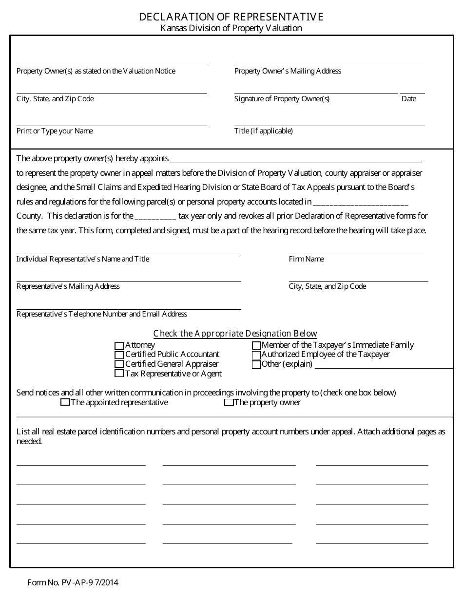 Form PV-AP-9 - Fill Out, Sign Online and Download Fillable PDF, Kansas ...