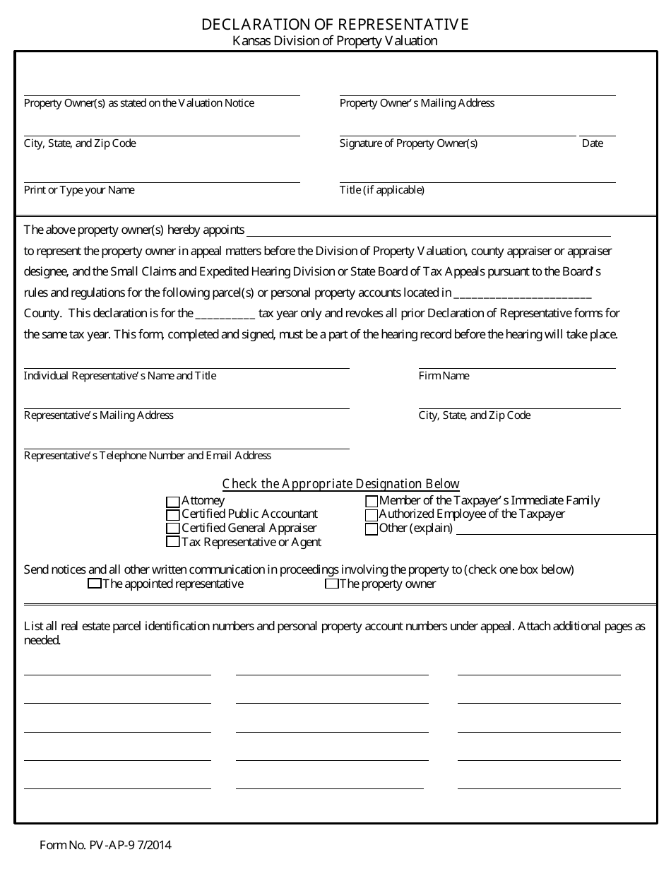 Form PV-AP-9 Declaration of Representative - Kansas, Page 1