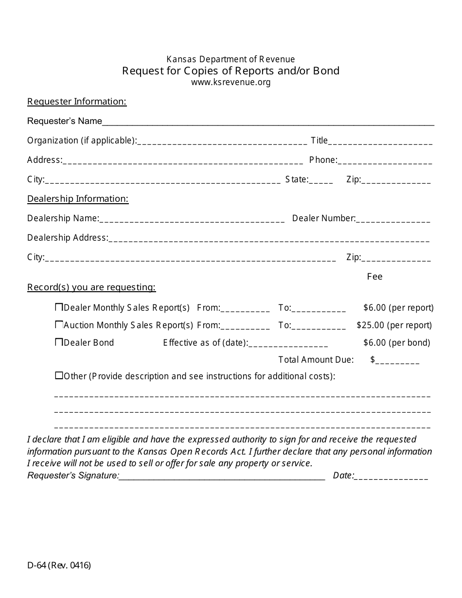 Form D-64 Request for Copies of Reports and / or Bond - Kansas, Page 1