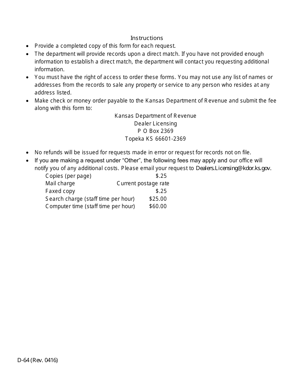 Form D-64 Request for Copies of Reports and / or Bond - Kansas, Page 2