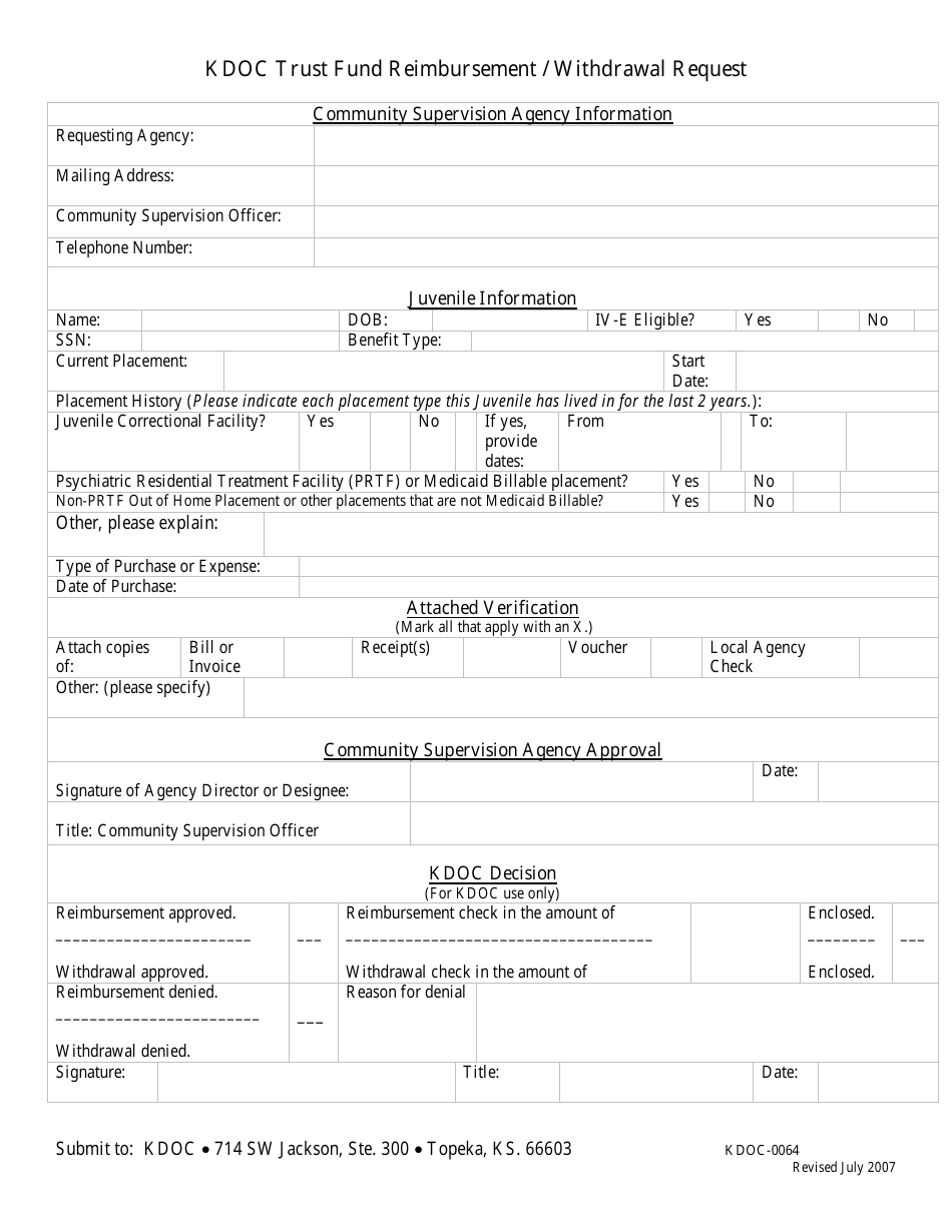 Form KDOC-0064 Kdoc Trust Fund Reimbursement / Withdrawal Request - Kansas, Page 1