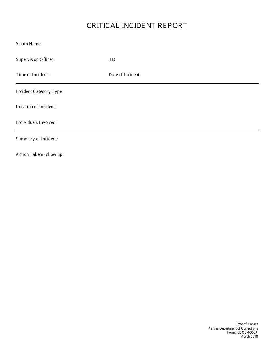 Form KDOC-0066A Critical Incident Report - Kansas, Page 1