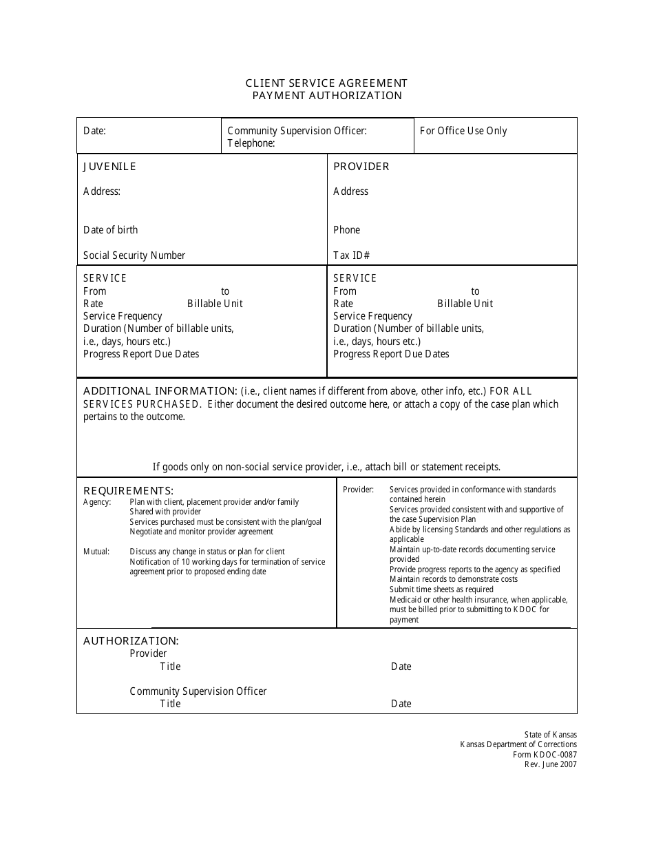 Form KDOC-0087 Client Service Agreement Payment Authorization - Kansas, Page 1