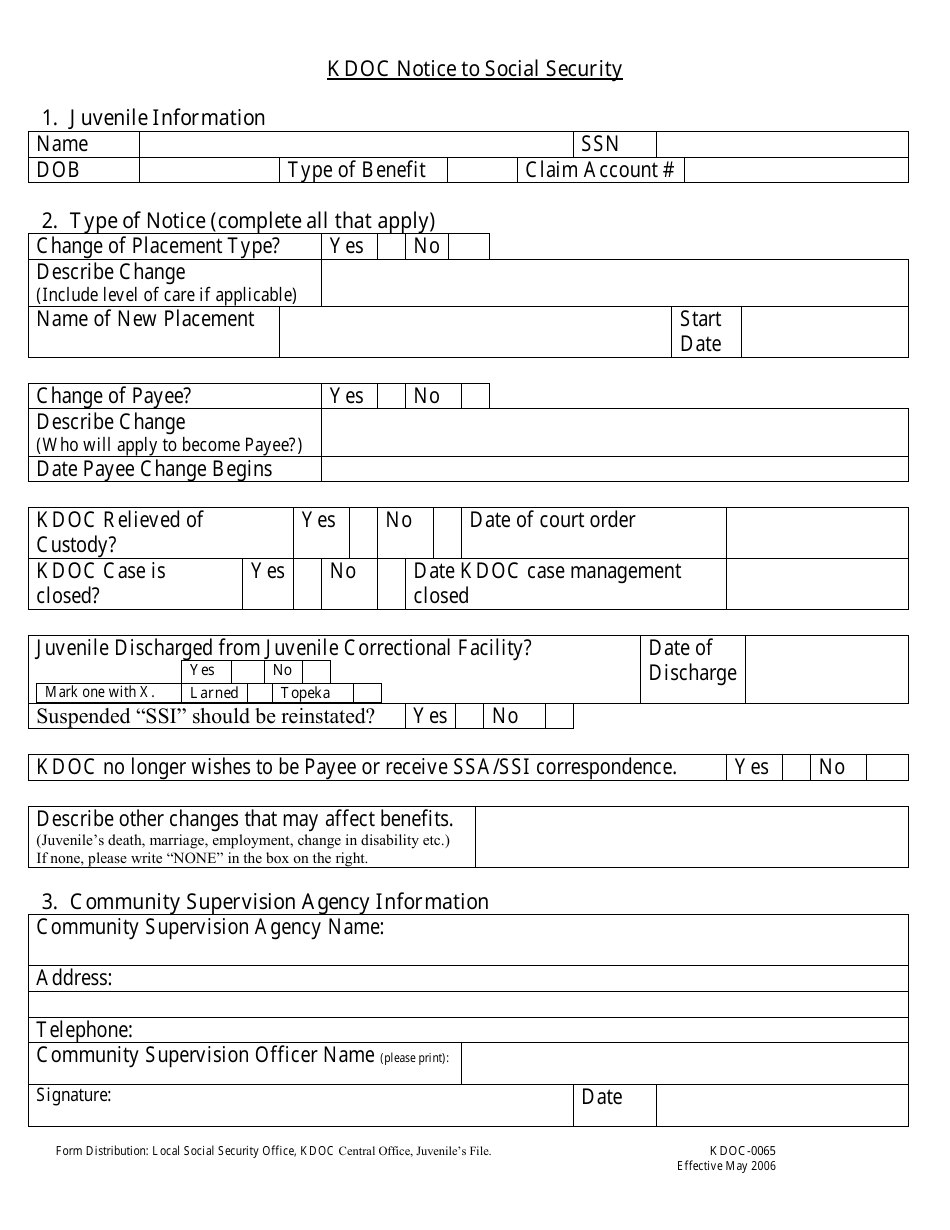 Form KDOC-0065 Kdoc Notice to Social Security - Kansas, Page 1