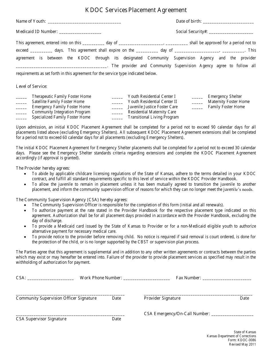 Form KDOC-0086 Kdoc Services Placement Agreement - Kansas, Page 1