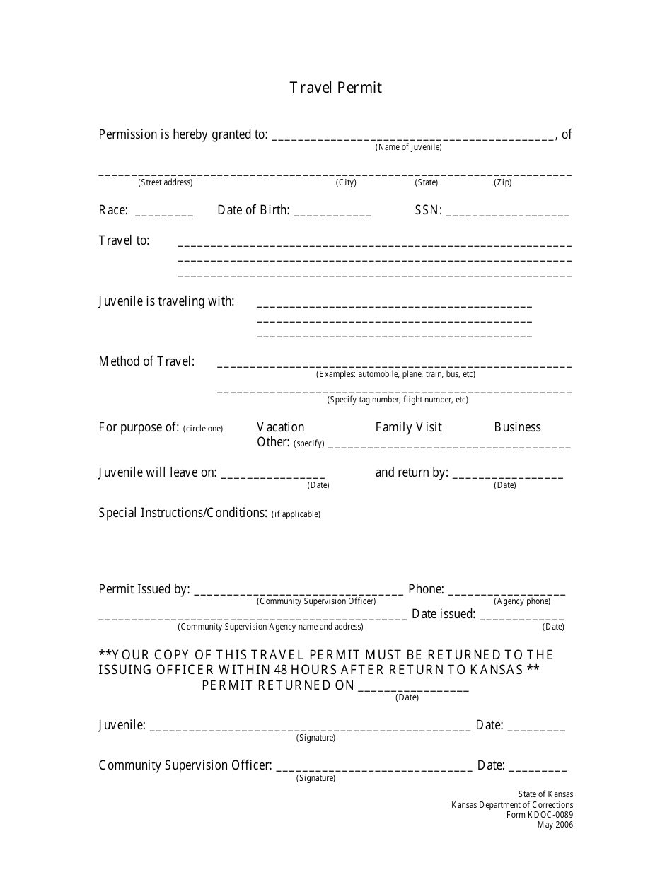 Form KDOC-0089 Travel Permit - Kansas, Page 1