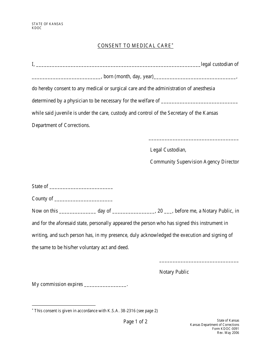 Form KDOC-0091 Consent to Medical Care - Director - Kansas, Page 1