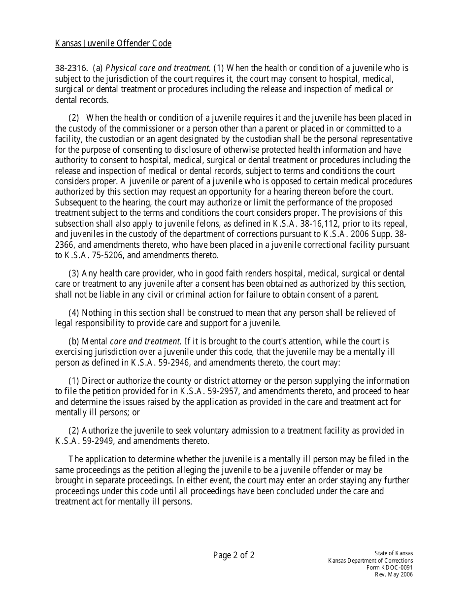 Form KDOC-0091 Consent to Medical Care - Director - Kansas, Page 2