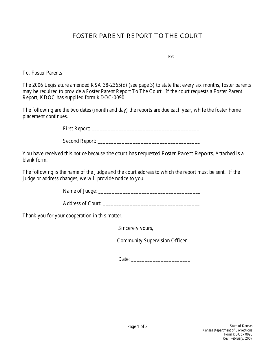 Form KDOC-0090 Foster Parent Report to the Court - Kansas, Page 1