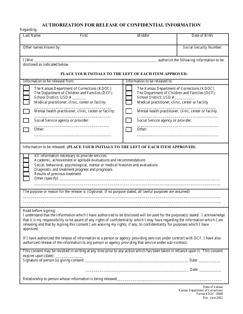 Form KDOC-0088 Authorization for Release of Confidential Information - Kansas