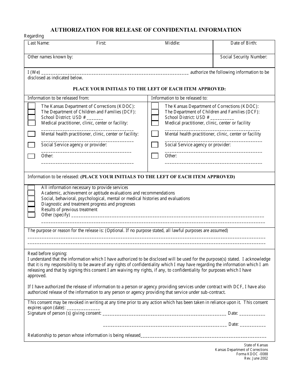 Form KDOC-0088 Authorization for Release of Confidential Information - Kansas, Page 1