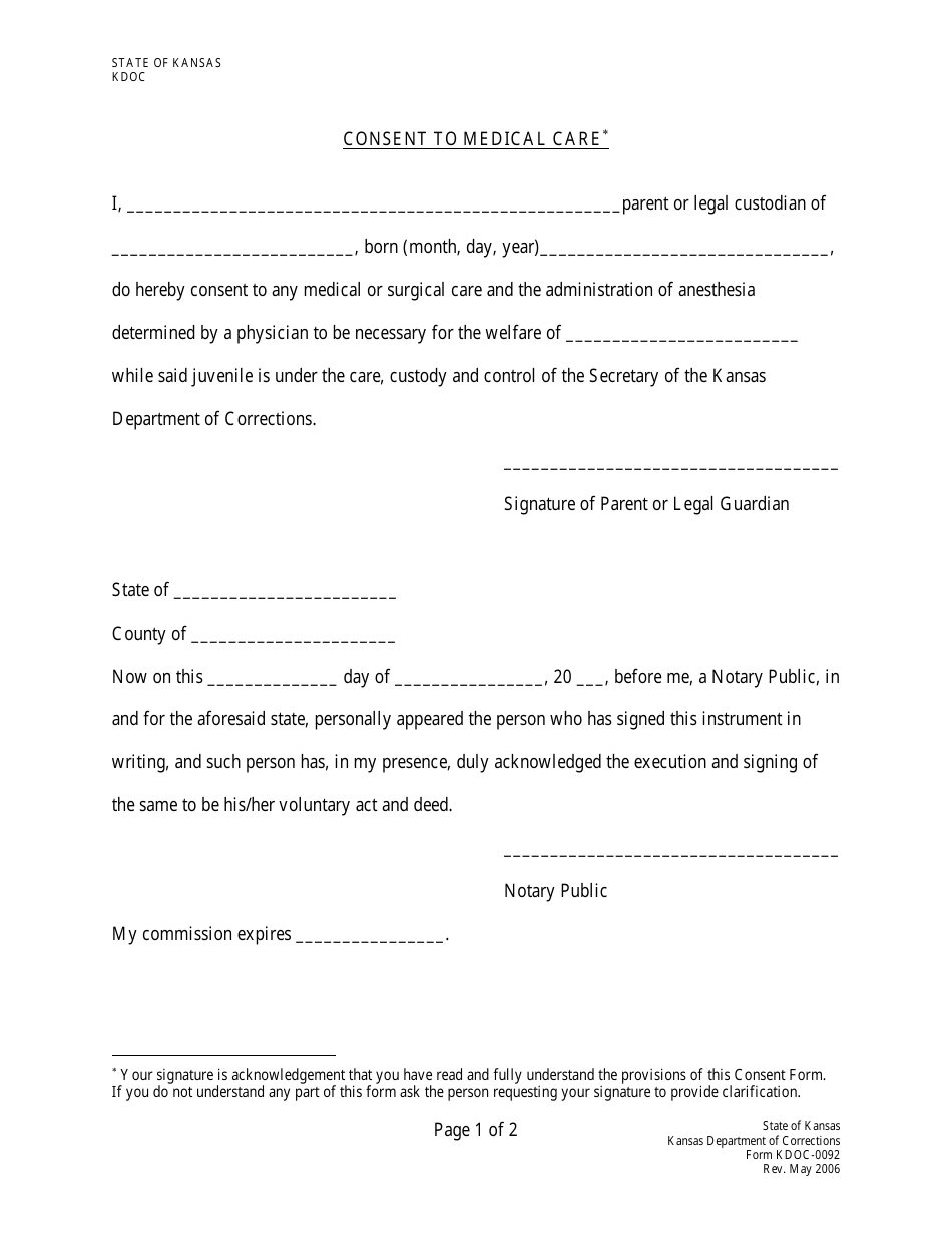 Form KDOC-0092 Consent to Medical Care - Parent - Kansas, Page 1