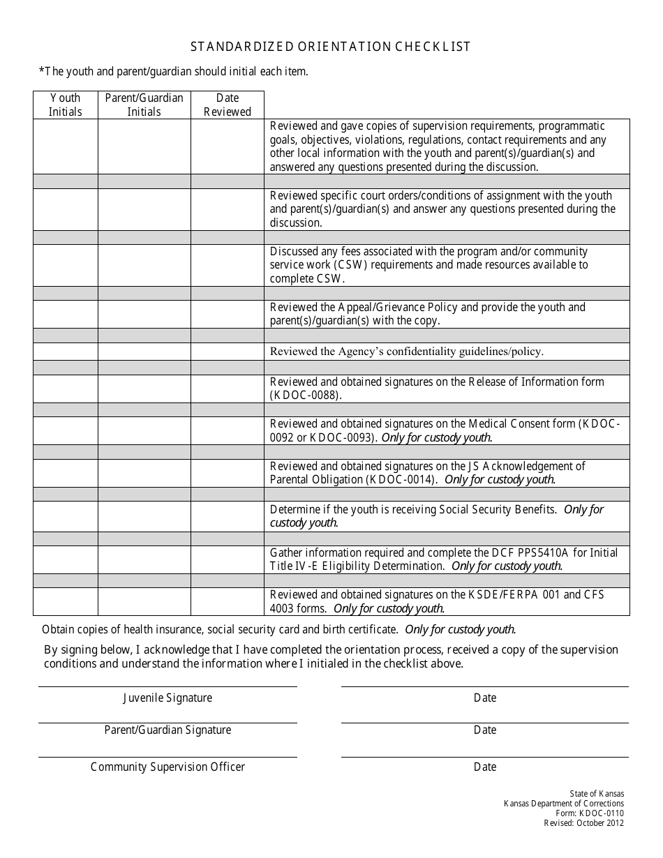 Form KDOC-0110 Standardized Orientation Checklist - Kansas, Page 1