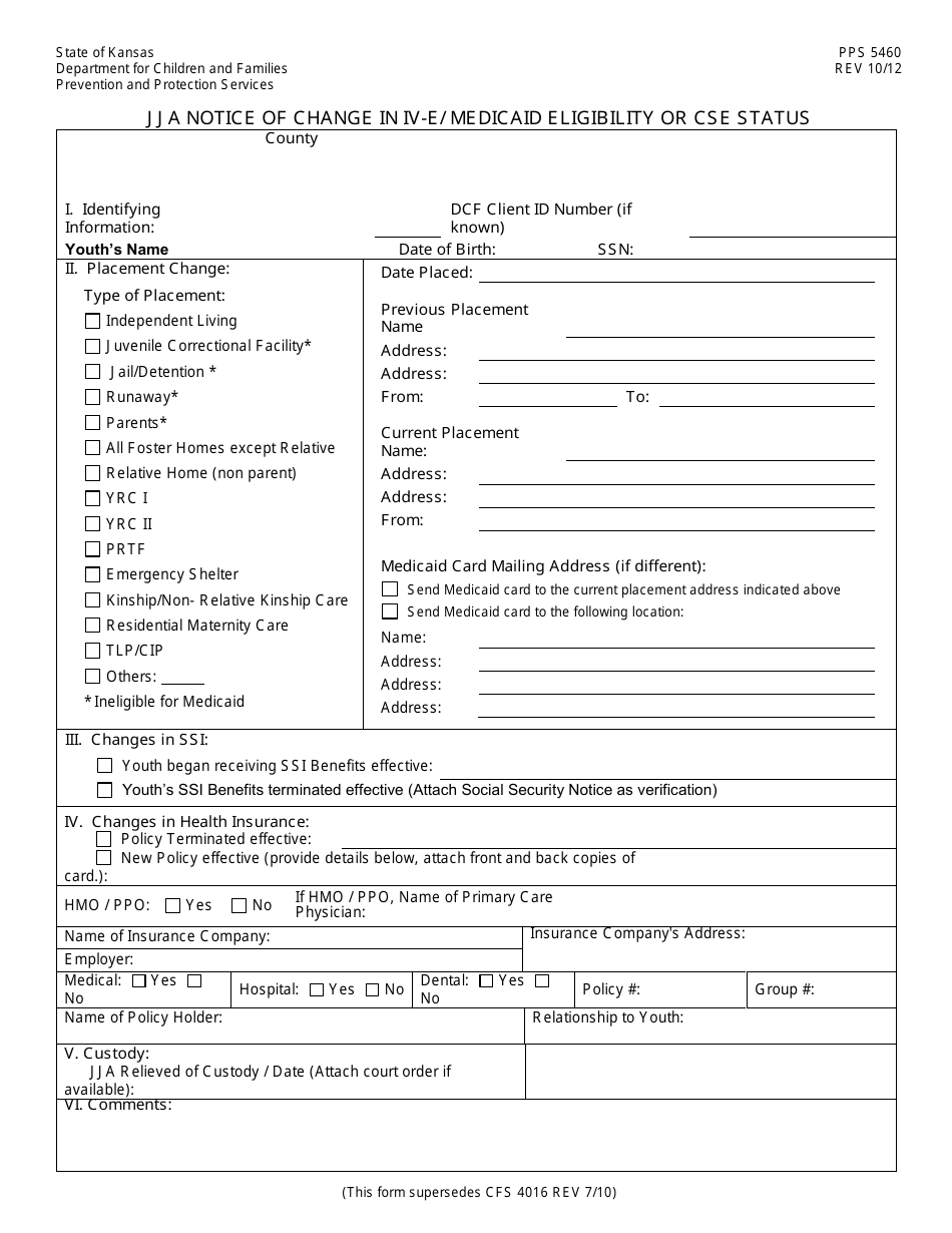 Form PPS5460 Jja Notice of Change in IV-E / Medicaid Eligibility or Cse Status - Kansas, Page 1