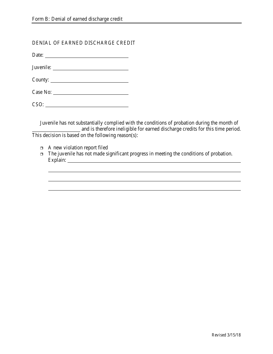 Form B Denial of Earned Discharge Credit - Kansas, Page 1
