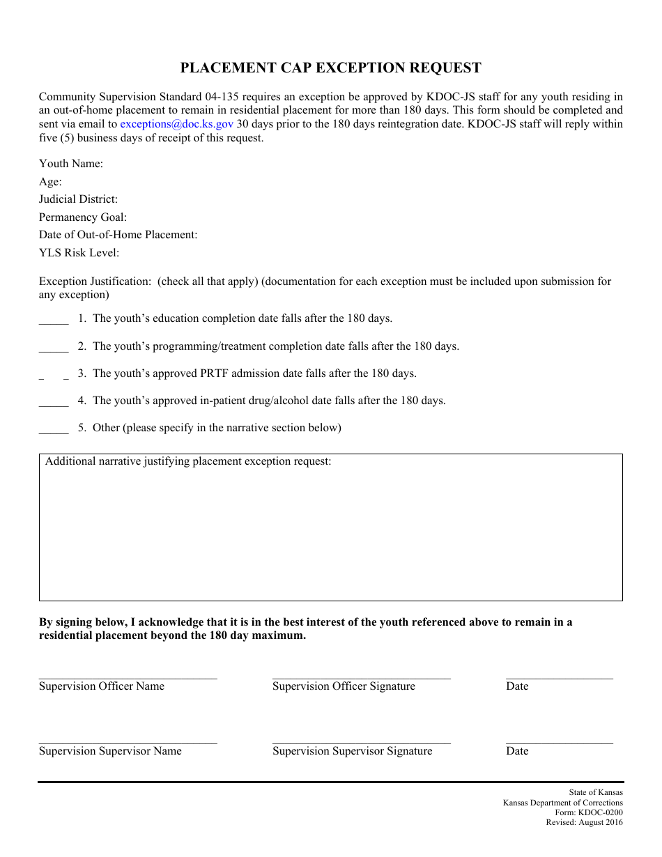 Form KDOC-0200 Placement CAP Exception Request - Kansas, Page 1