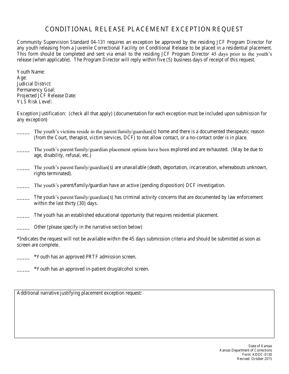 Form KDOC-0130 Conditional Release Placement Exception Request - Kansas, Page 1