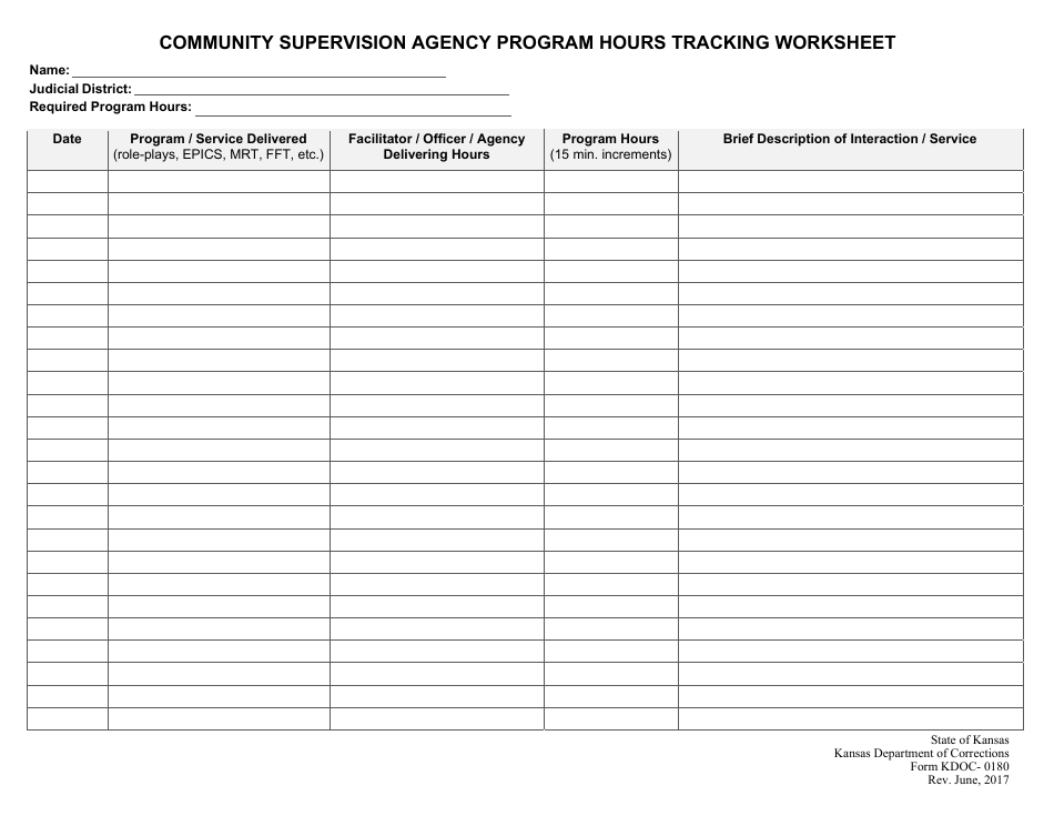 Form KDOC-0180 Community Supervision Agency Program Hours Tracking Worksheet - Kansas, Page 1