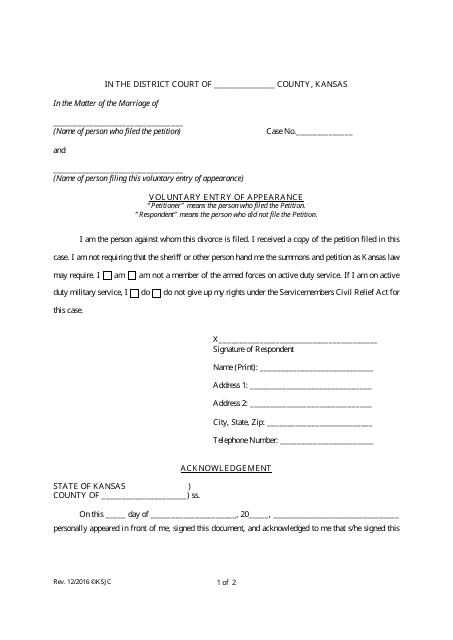 Voluntary Entry of Appearance - Kansas Download Pdf