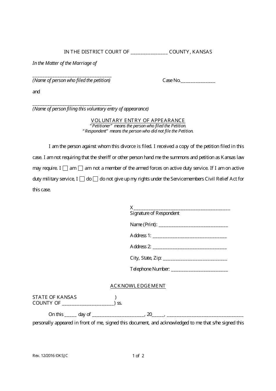 Kansas Voluntary Entry of Appearance - Fill Out, Sign Online and ...