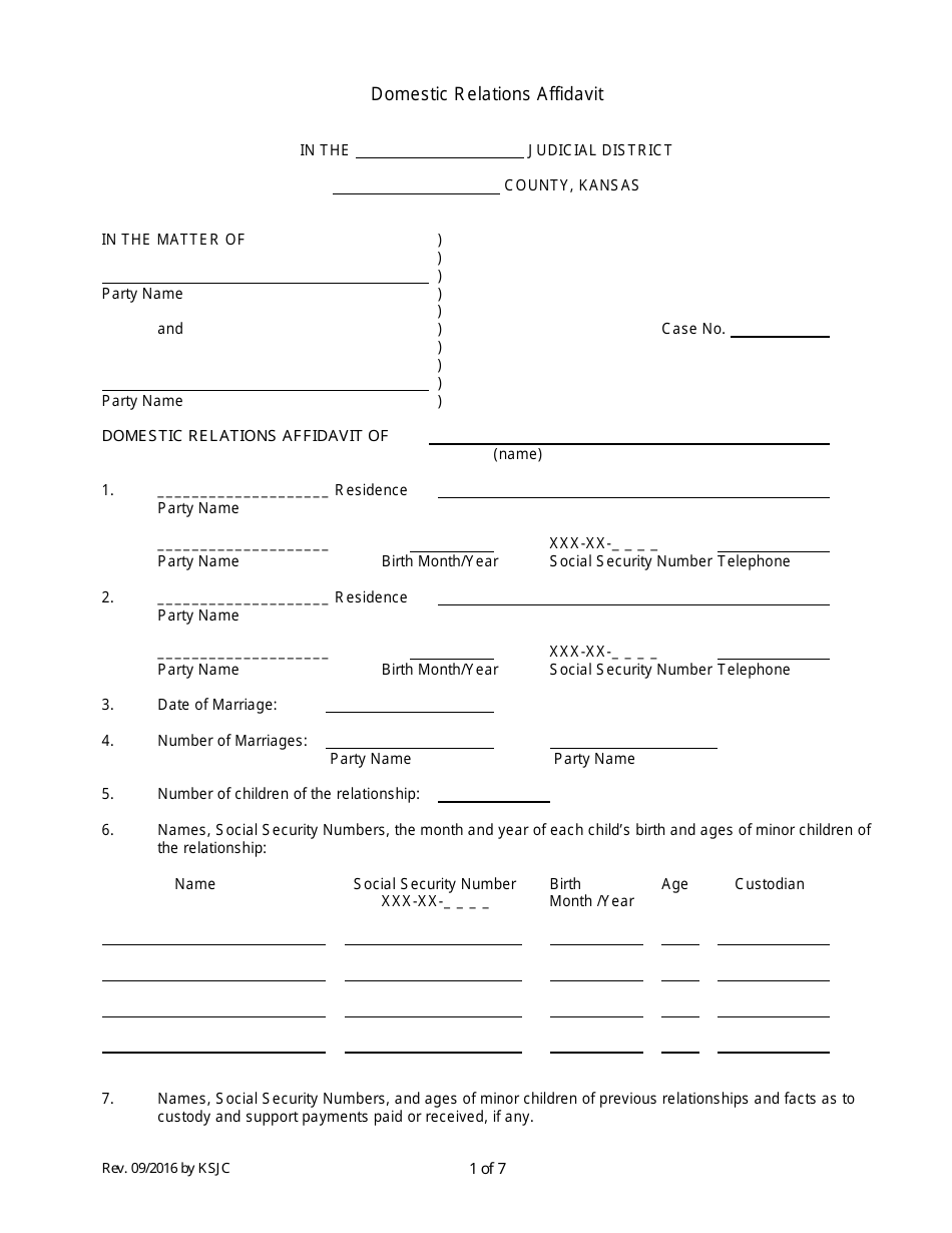 Domestic Relations Affidavit Form - Kansas, Page 1