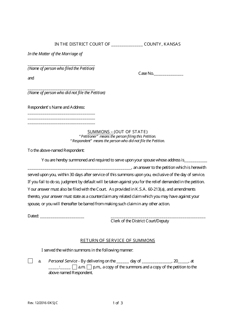 Kansas Summons - (Out of State) - Fill Out, Sign Online and Download ...