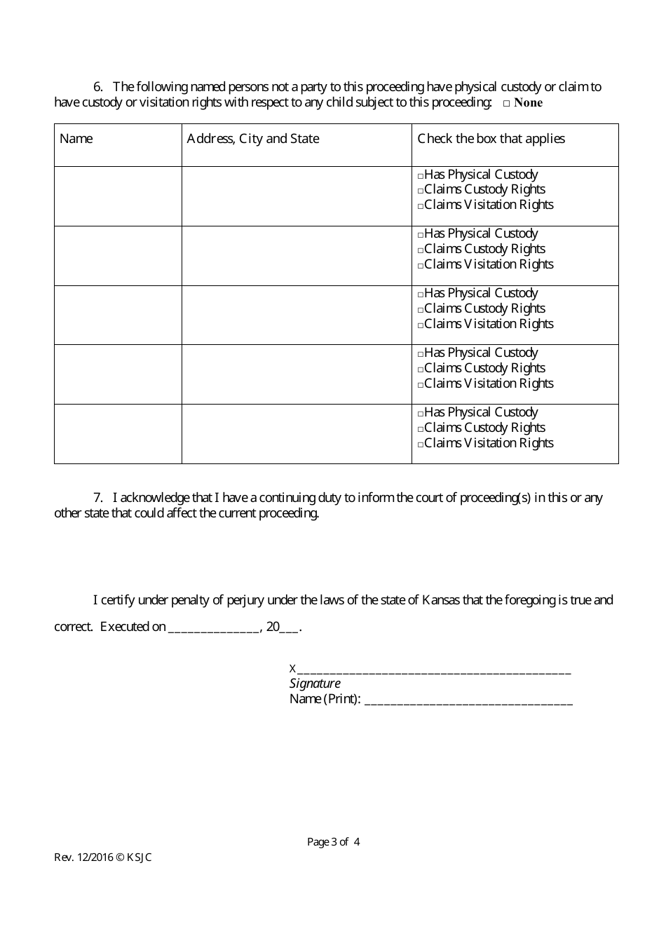 Uniform Child Custody Jurisdiction and Enforcement Act (Uccjea) Affidavit - Kansas, Page 3