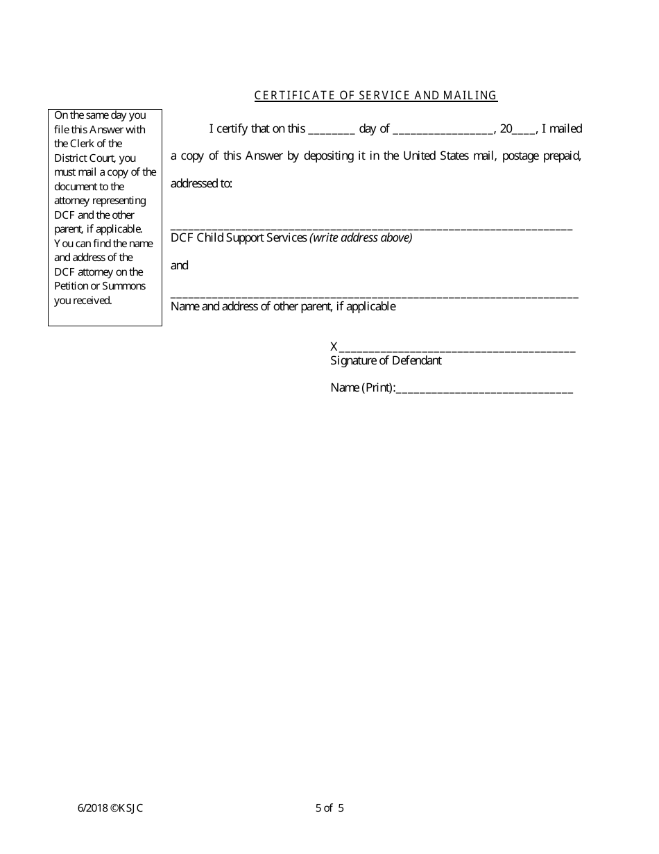 Answer to Petition to Determine Parentage - Kansas, Page 5