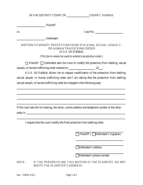 Motion to Modify Protection From Stalking, Sexual Assault, or Human Trafficking Order - Kansas Download Pdf