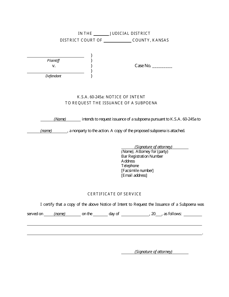 K.s.a. 60-245a: Notice of Intent to Request the Issuance of a Subpoena - Kansas, Page 1