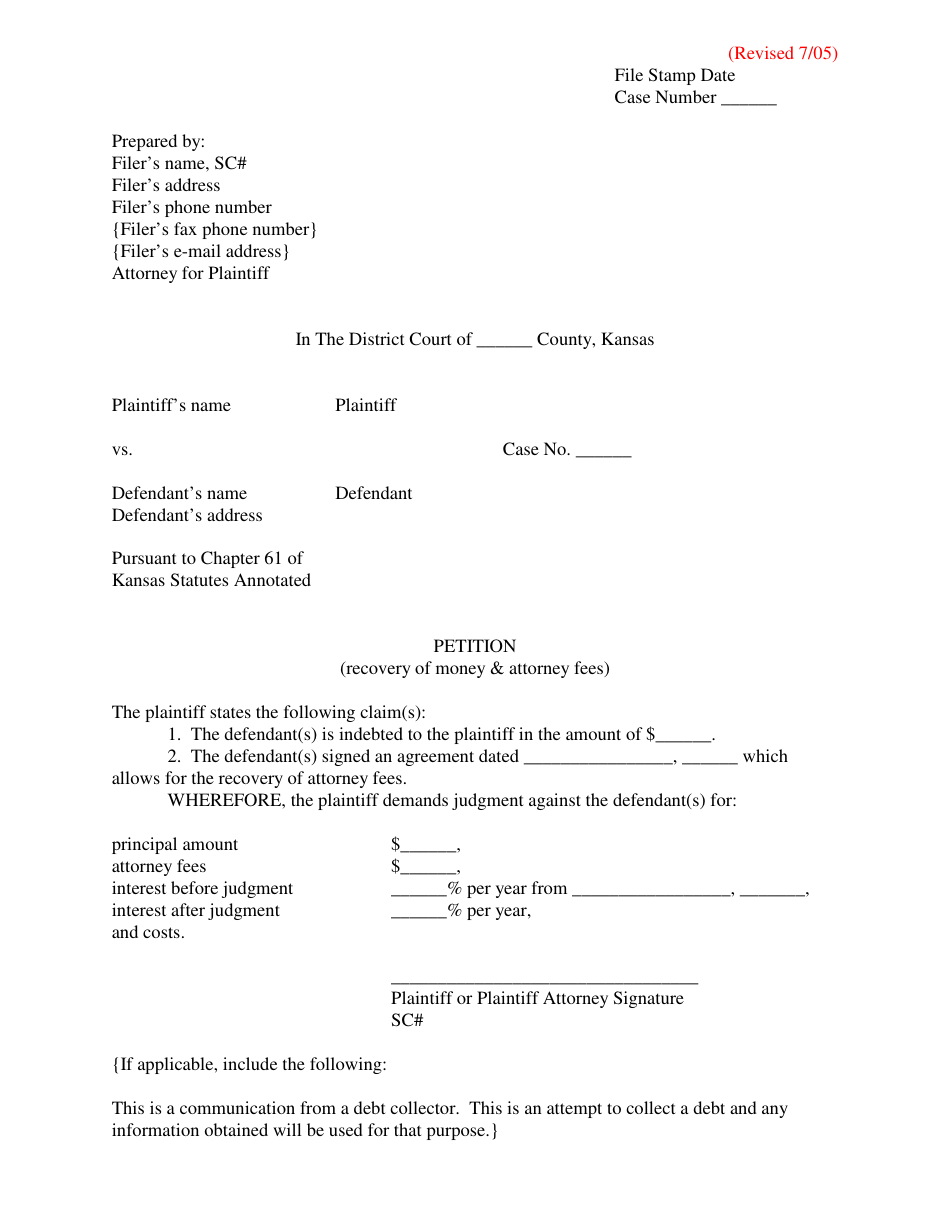 Petition (Recovery of Money  Attorney Fees) - Kansas, Page 1