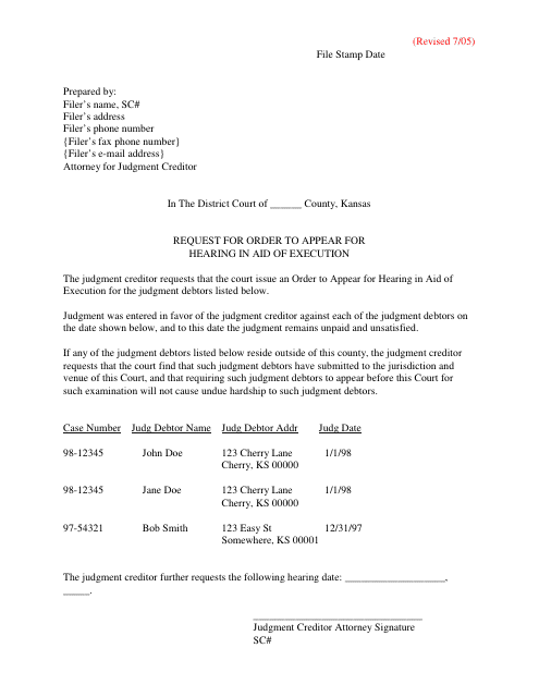 Request for Order to Appear for Hearing in Aid of Execution - Kansas Download Pdf